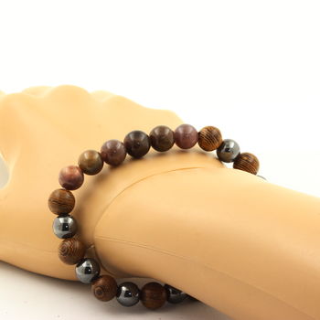 Bracelet Perles Rubis de Mogok, Birmanie, Myanmar + Hématite + bois 8 mm.