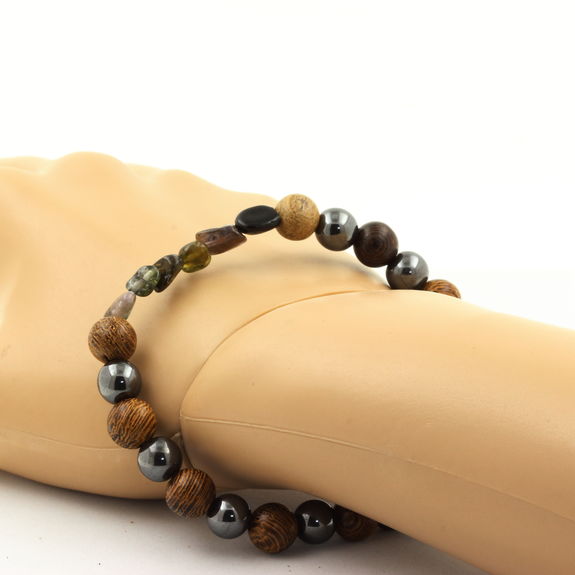 Bracelet Tourmaline multicolore du Brésil + Perles Hématite + bois 8 mm.