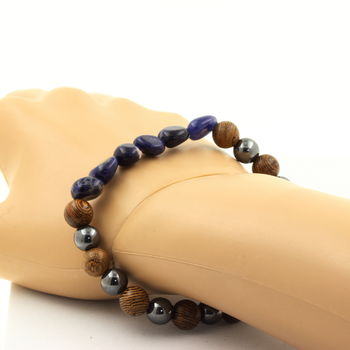 Sodalite from Brazil + Hematite + wood 8 mm beads Bracelet.