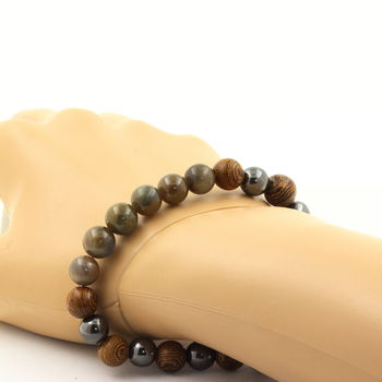 Bracelet Perles Saphir de Mogok, Birmanie, Myanmar + Hématite + bois 8 mm.