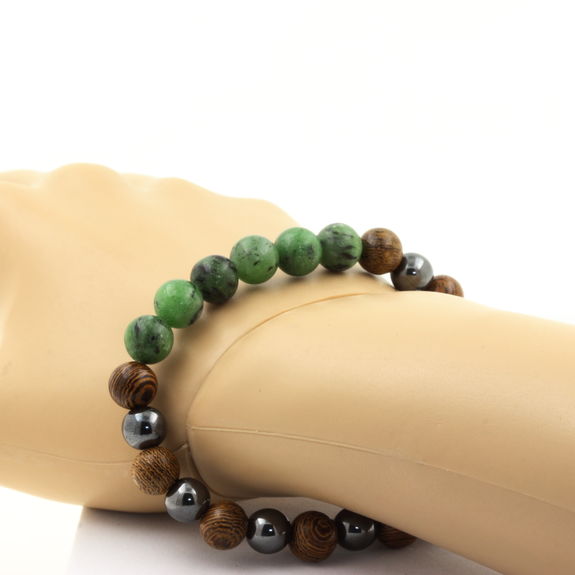 Bracelet Perles Epidote d'Australie + Hématite + bois 8 mm.