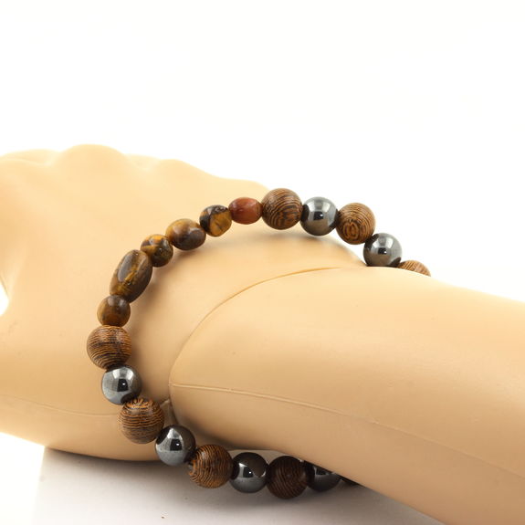 Tiger's Eye from South Africa + Hematite + wood 8 mm beads Bracelet.