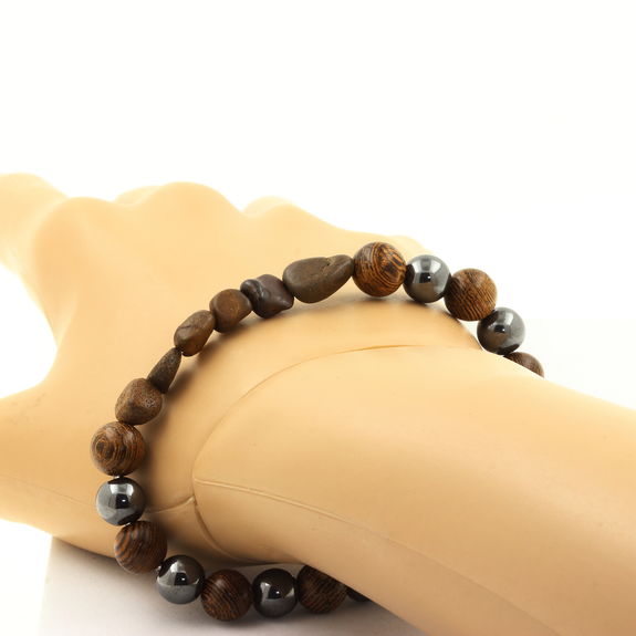 Boulder Opal from Australia + Hematite + wood 8 mm beads Bracelet.