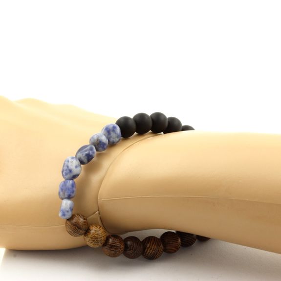 Bracelet Jaspe bleu d'Afrique du Sud + Perles Onyx noir mat + bois 8 mm.