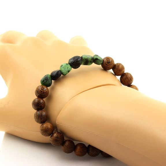 Bracelet Epidote de Myanmar (Birmanie) + Perles bois 8 mm.