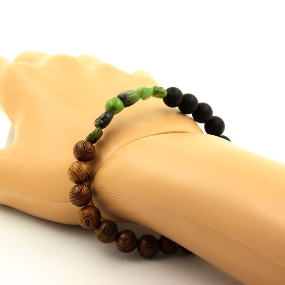 Bracelet Jade Nephrite de Xiuyan Chine + Perles Onyx noir mat + bois 8 mm.