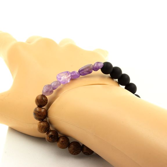Amethyst from Brazil + Matte Black Onyx + wood 8 mm beads Bracelet.