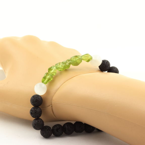 Peridot from Myanmar (Burma) + Selenite from Morocco + Lava 8 mm beads Bracelet.