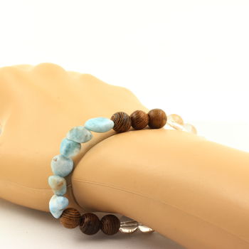 Larimar from Dominican Republic + Quartz + wood 8 mm beads Bracelet.