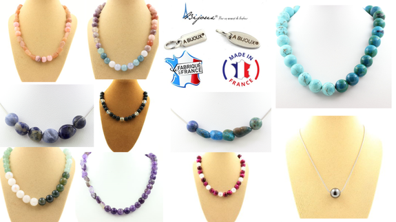 Collier 3 perles Aigue-Marine du Brésil. Chaine en acier doré inoxydable