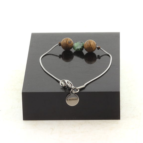 Stainless steel Anklet 1 Epidote from Myanmar (Burma) Freeform 5 mm-8 mm + wood Bead.