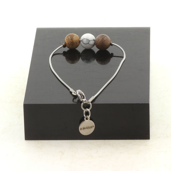 Stainless steel Anklet 1 Howlite + wood 8 mm Bead.
