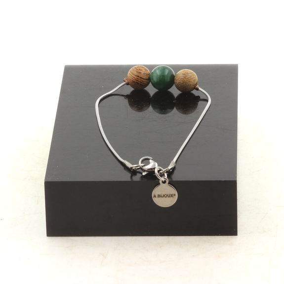 Bracelet de cheville 1 Perle Mica vert de Tanzanie + bois 8 mm chaîne en acier inoxydable.