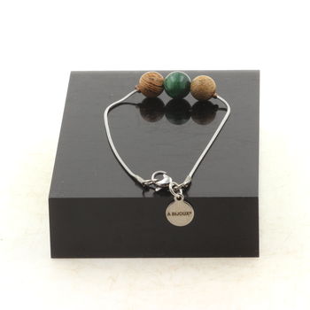 Bracelet de cheville 1 Perle Mica vert de Tanzanie + bois 8 mm chaîne en acier inoxydable.