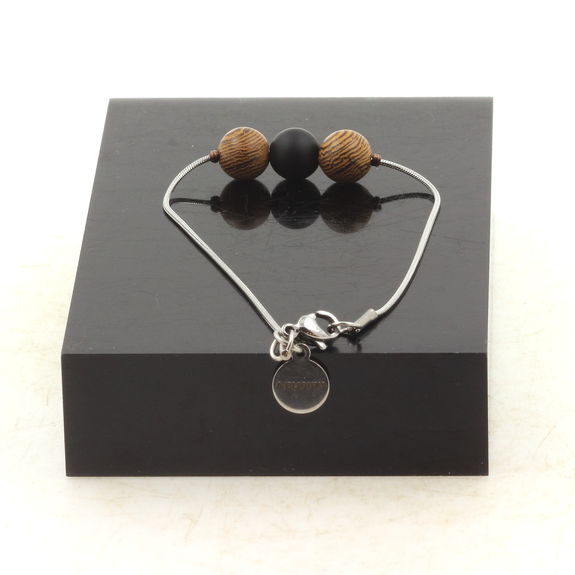 Stainless steel Anklet 1 Matte black Onyx Bead + wood 8mm.