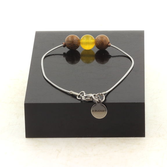 Bracelet de cheville 1 Perle Agate jaune + bois 8 mm chaîne en acier inoxydable.