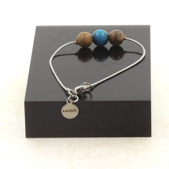 Stainless steel Anklet 1 Light Blue Tiger's Eye + wood 8 mm Bead.