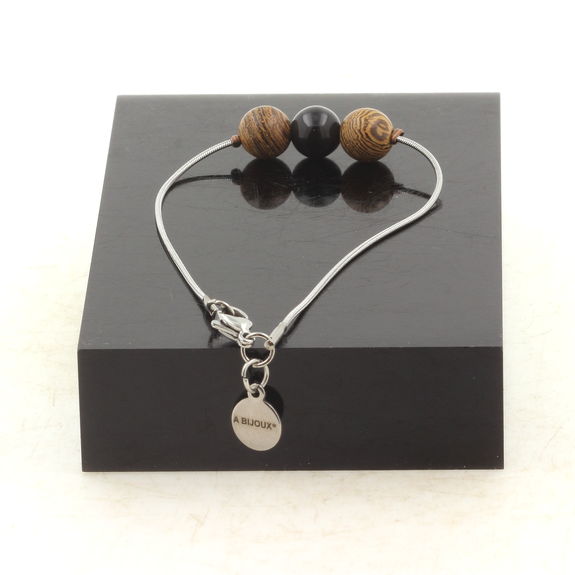 Bracelet de cheville 1 Perle Obsidienne noire + bois 8 mm chaîne en acier inoxydable.