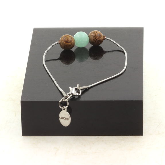 Bracelet de cheville 1 Perle Amazonite + bois 8 mm chaîne en acier inoxydable.