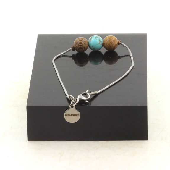 Stainless steel Anklet 1 Howlite Turquoise + wood 8 mm Bead.