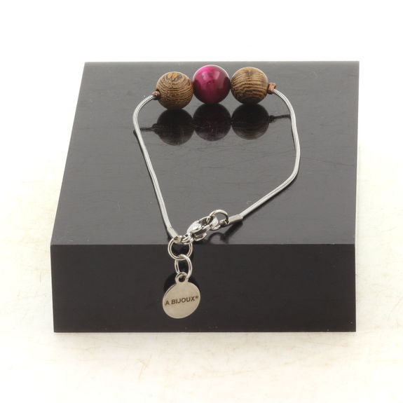 Bracelet de cheville 1 Perle Oeil de Tigre fuchsia + bois 8 mm chaîne en acier inoxydable.
