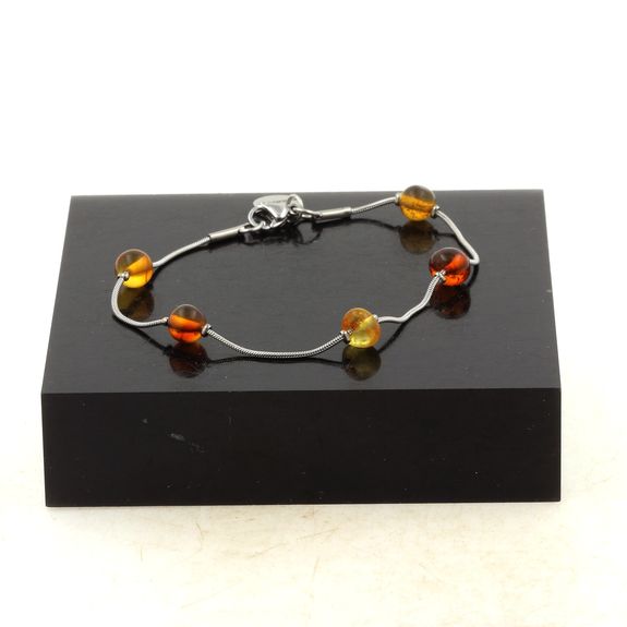 Bracelet de cheville 5 Perles Ambre chaîne en acier inoxydable.