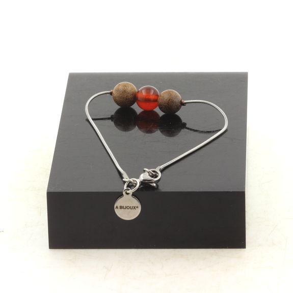 Bracelet de cheville 1 Perle Agate Rouge + bois 8 mm chaîne en acier inoxydable.