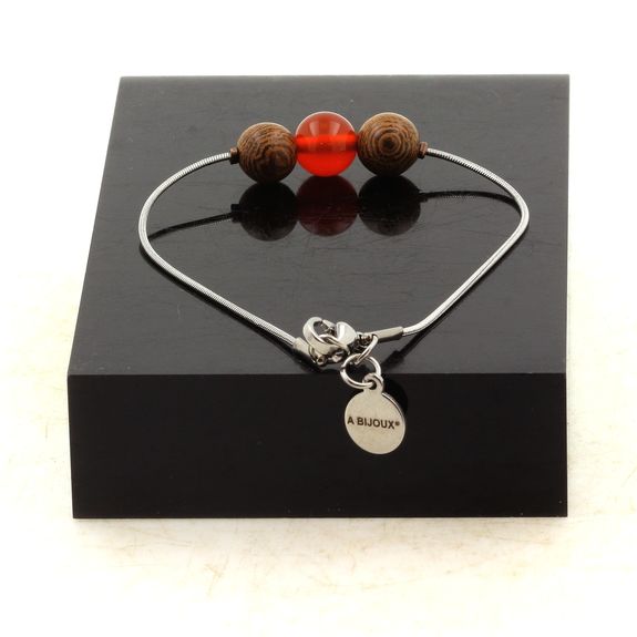 Bracelet de cheville 1 Perle Cornaline d'Uruguay + bois 8 mm chaîne en acier inoxydable.