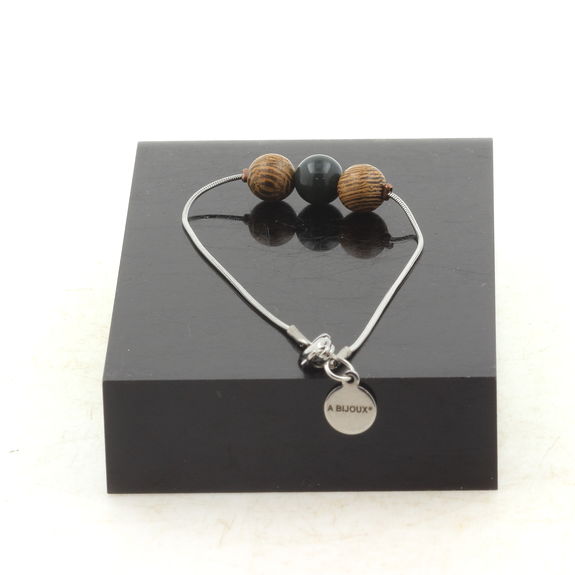 Bracelet de cheville 1 Perle Agate mousse + bois 8 mm chaîne en acier inoxydable.