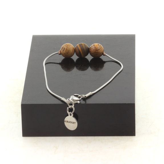 Bracelet de cheville 1 Perle Oeil de Tigre mat + bois 8 mm chaîne en acier inoxydable.