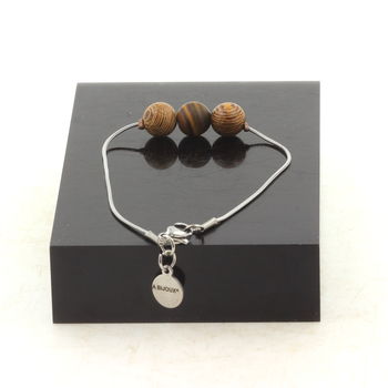 Bracelet de cheville 1 Perle Oeil de Tigre mat + bois 8 mm chaîne en acier inoxydable.