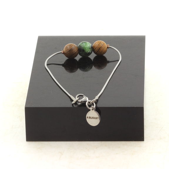 Bracelet de cheville 1 Perle Epidote d'Australie + bois 8 mm chaîne en acier inoxydable.