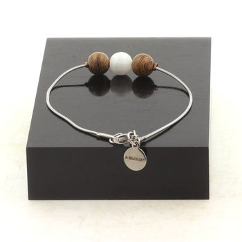 Bracelet de cheville 1 Perle Selenite du Maroc + bois 8 mm chaîne en acier inoxydable.