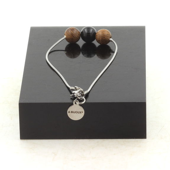 Bracelet de cheville 1 Perle Tourmaline Schorl + bois 8 mm chaîne en acier inoxydable.