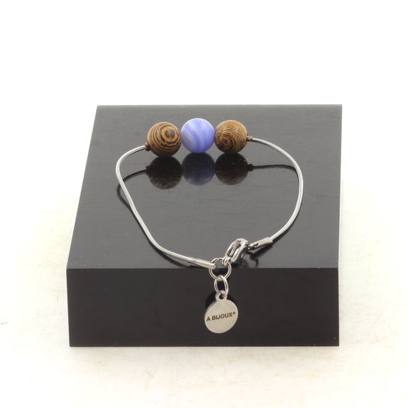 Bracelet de cheville 1 Perle Agate crazy lace bleu + bois 8 mm chaîne en acier inoxydable.