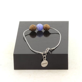 Bracelet de cheville 1 Perle Agate crazy lace bleu + bois 8 mm chaîne en acier inoxydable.
