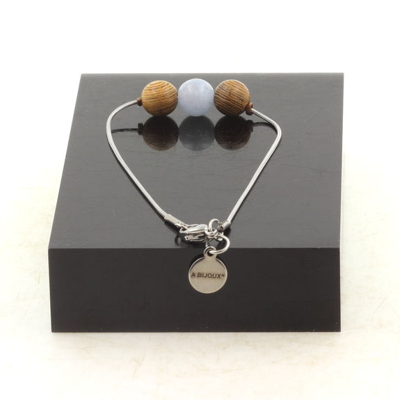 Bracelet de cheville 1 Perle Calcédoine bleu + bois 8 mm chaîne en acier inoxydable.