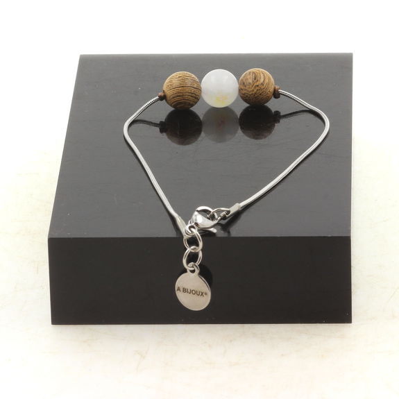 Bracelet de cheville 1 Perle Pierre de lune + bois 8 mm chaîne en acier inoxydable.