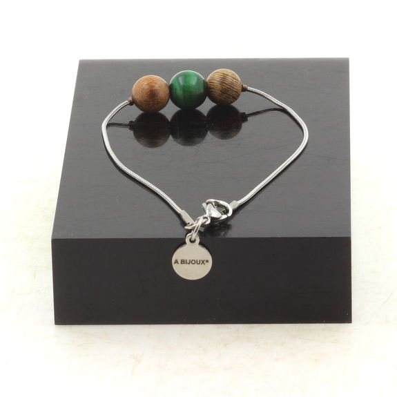 Bracelet de cheville 1 Perle Oeil de Tigre vert + bois 8 mm chaîne en acier inoxydable.