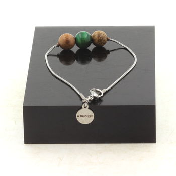 Bracelet de cheville 1 Perle Oeil de Tigre vert + bois 8 mm chaîne en acier inoxydable.