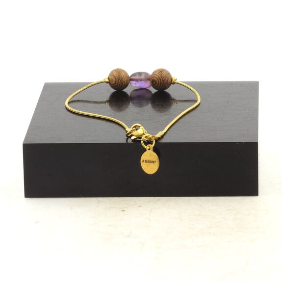 Golden Stainless steel Anklet 1 Freeform Amethyst from Brazil + wood 8mm Beads.