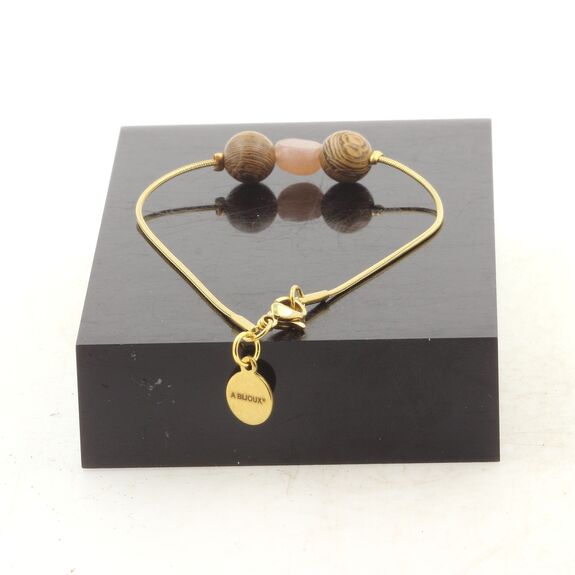 Golden Stainless steel Anklet 1 Freeform Sunstone from Tanzania + wood 8mm Beads.
