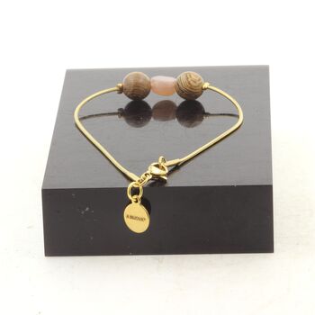 Golden Stainless steel Anklet 1 Freeform Sunstone from Tanzania + wood 8mm Beads.