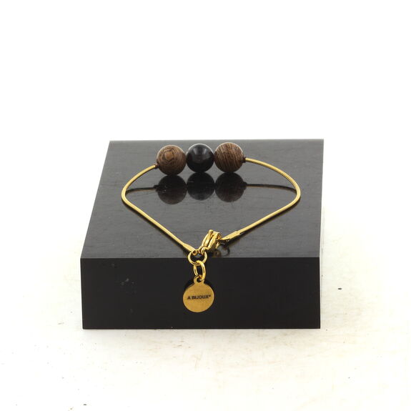 Golden Stainless steel Anklet 1 Schorl Tourmaline from Brazil + wood 8 mm Bead.