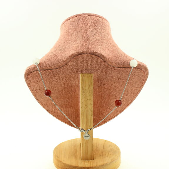 Moonstone + Red Agate 8 mm beads necklace. Stainless steel chain