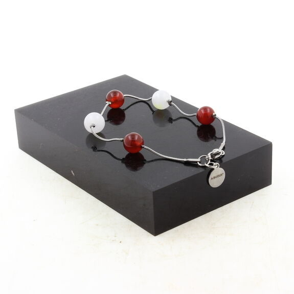 Bracelet en acier inoxydable 5 Perles Pierre de Lune + Agate rouge 8 mm.