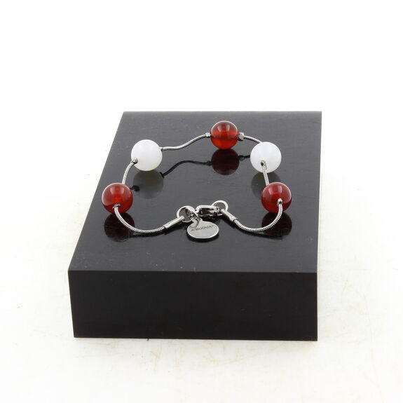 Bracelet en acier inoxydable 5 Perles Pierre de Lune + Agate rouge 8 mm.