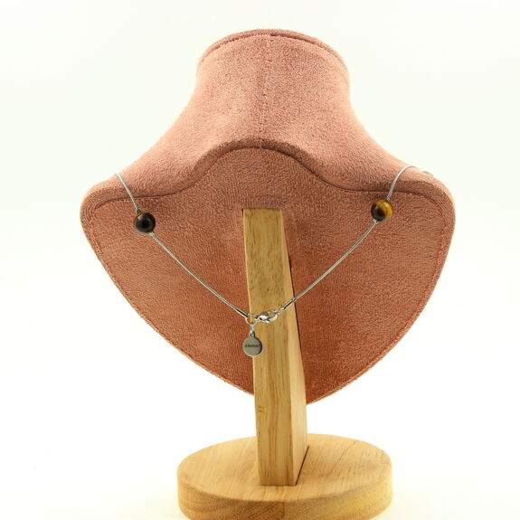 Collier 9 Perles Oeil de Tigre 8 mm chaine en acier inoxydable.