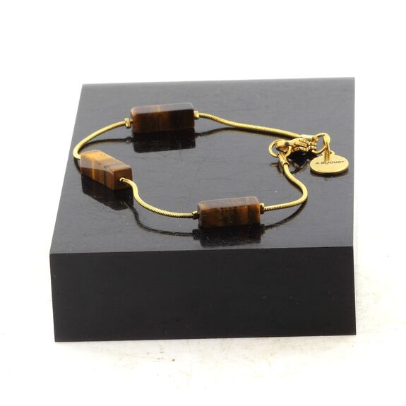 Golden Stainless steel bracelet 3 Tiger's Eye rectangle 13 mm Beads.