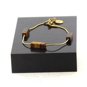 Golden Stainless steel bracelet 3 Tiger's Eye rectangle 13 mm Beads.